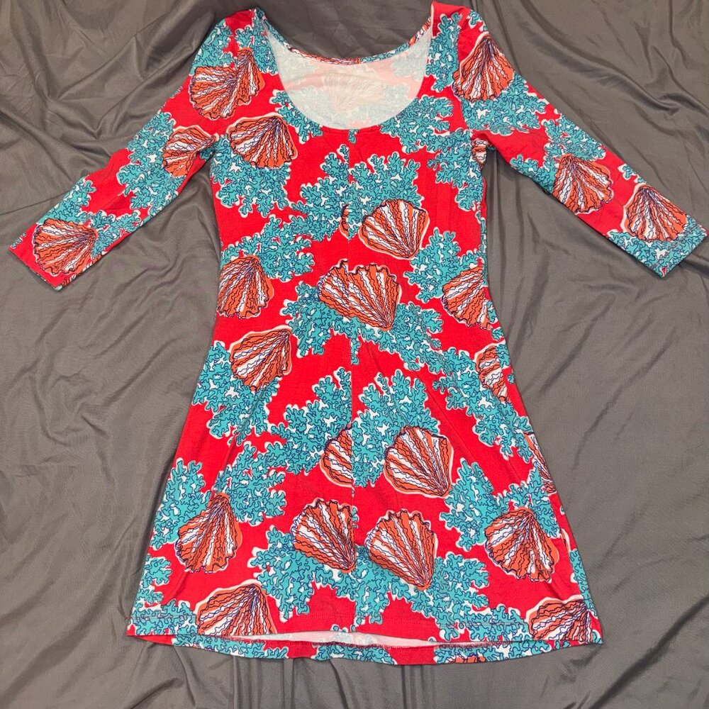 Lilly Pulitzer Topanga Tunic Dress Coralina Seashell Coral Print 3/4 Sleeve - Picture 3 of 4